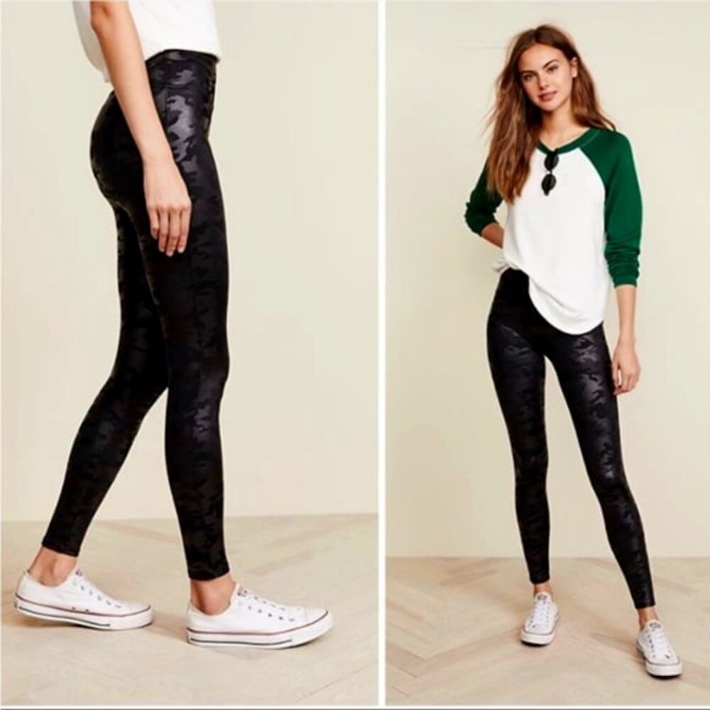 NWT SPANX Faux Leather Camo Shine Leggings Black S